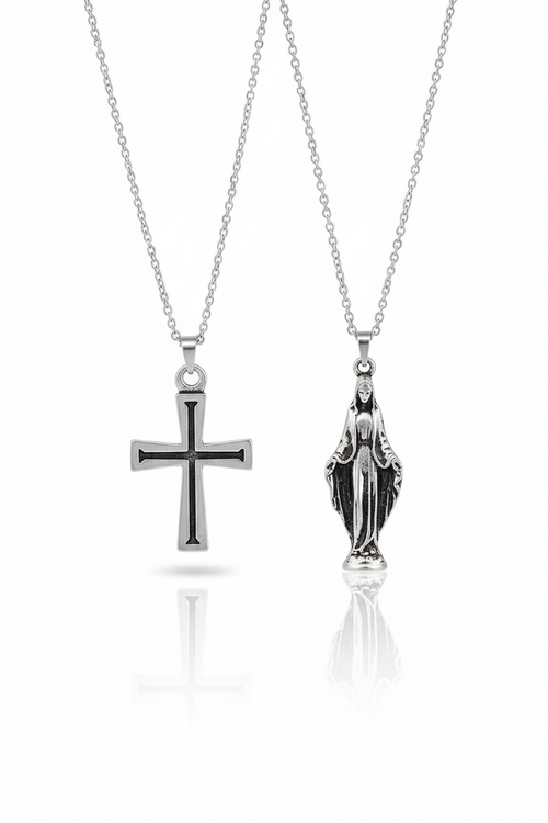 2 Piece Cross and Virgin Mary Necklace Set Men Religious Style Jewelry