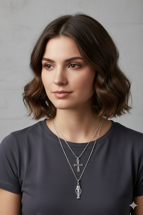 2 Piece Cross and Virgin Mary Necklace Set Men Religious Style Jewelry