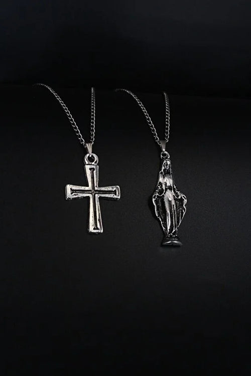 2 Piece Cross and Virgin Mary Necklace Set Men Religious Style Jewelry