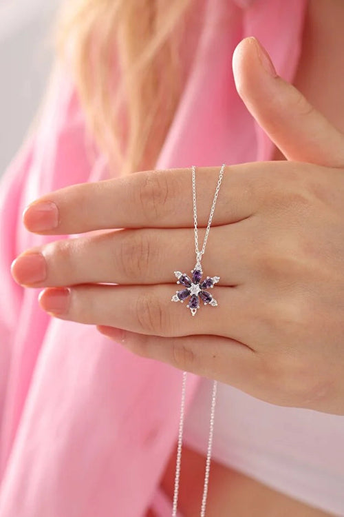 925 Sterling Silver Lotus Camellia Necklace with Amethyst Teardrop