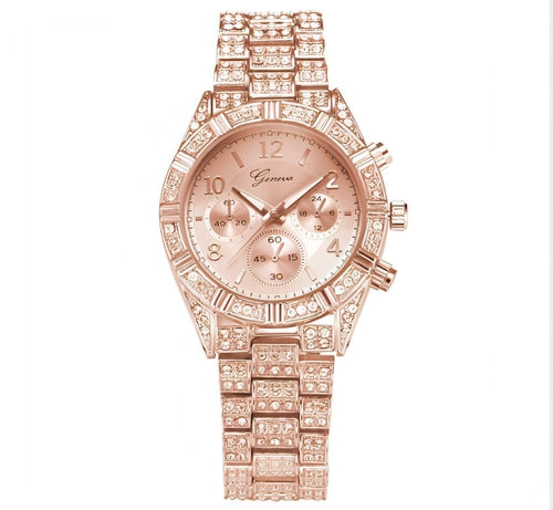 LunaGeneva™ – Rose Gold Crystal Iced-Out Quartz Watch Women