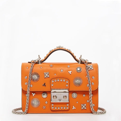 Studded Small Leather Crossbody Bag Orange Purse Cute Handbag  Women's